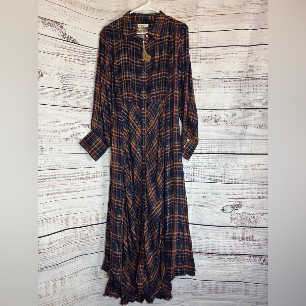 NATURAL LIFE Asymmetrical Plaid Dress - Navy and Red